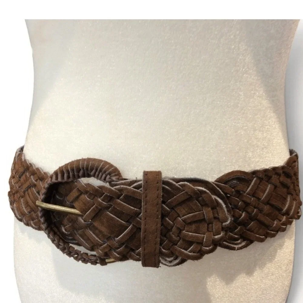 Brown Braided Belt Womens Size 3 Wide Woven Boho Hippie 70s Style Suede Look 39